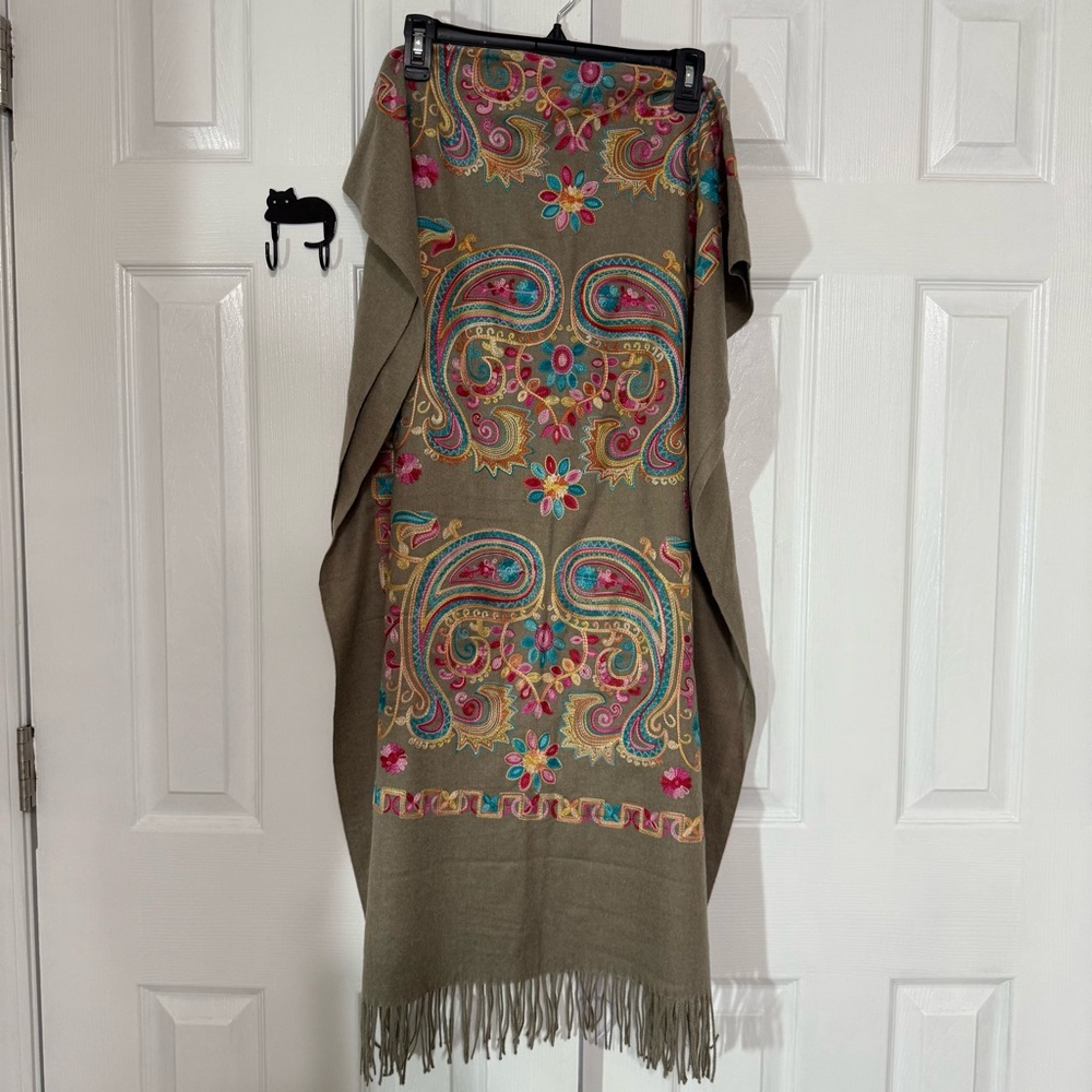 Colorful Hand Embroidered Paisley Shawl with Fringe